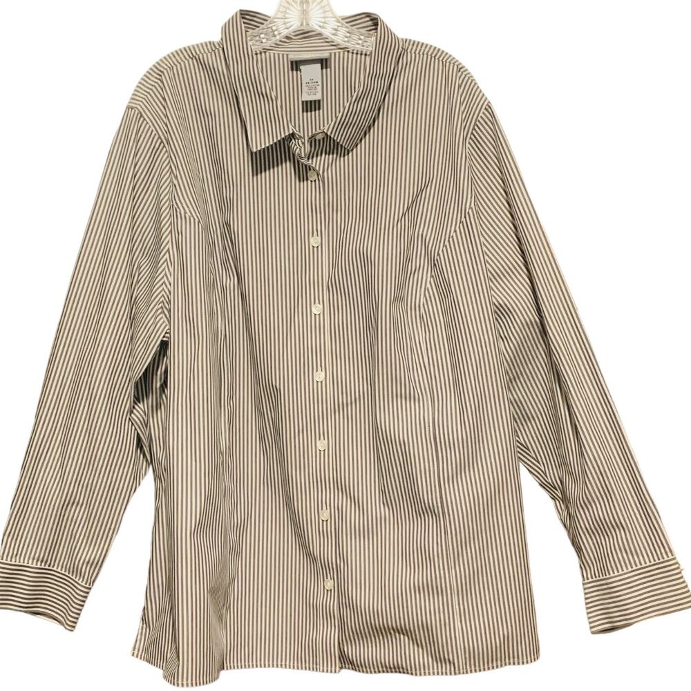 CATHERINES Non-Iron Top Size 3X 26 / 28W Button Down Gray Stripe Shirt Cotton